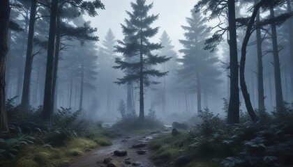 Dark blue misty forest with tall trees and underbrush , dark blue, woodland
