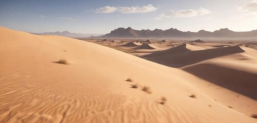 Desert landscape with a vast expanse of sandy dunes and rocky outcrops, sandy dunes, endless dunes, vast space