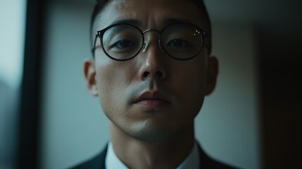 Fototapeta premium Middle-aged Asian businessman exudes confidence in modern office setting during late afternoon meeting