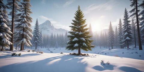 Fir Christmas tree in a snowy forest landscape, winter wonderland scene, snow-covered terrain, snowy forest