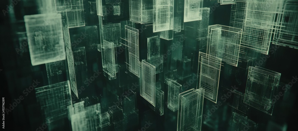 Poster abstract 3d digital data stream, glowing rectangles in dark green space.