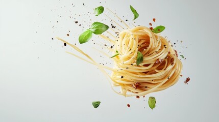 Delicious Flying Spaghetti with Basil and Pepper.