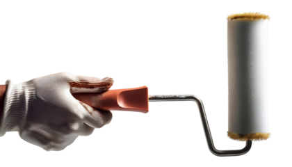 Extreme close-up of the hand of a male house painter while using a paint roller isolated on white or transparent background, png. Home improvement and DIY project concept. Generative Ai.