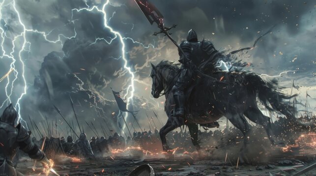 The image shows a knight in black armor on a black horse wielding a red sword in a stormy battle scene with other warriors. Lightning strikes add to the intense atmosphere.