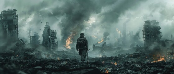 Dystopian image of a lone soldier in a ruined cityscape, surrounded by devastation and fires. Symbolizes survival and resilience amid destruction.