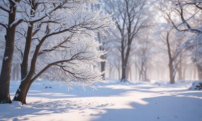Sparkling snow-covered trees with frosty branches, winter wonderland, frosty landscape, snowy scenery