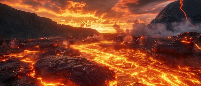 A dramatic image shows a lava river in a rocky landscape, with large rocks and cliffs. The sky is orange from the smoke and steam.