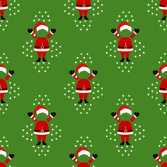 Santa Claus on a green background, Christmas season, vector illustration seamless pattern, design for gift wrapping, fabric, textiles, cards, carpets, and curtains.