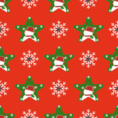 Snowman on a red background, Christmas season, vector illustration seamless pattern, design for gift wrapping, fabric, textiles, cards, carpets, and curtains.