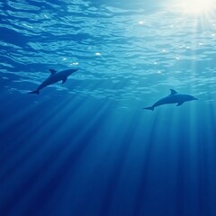 Naklejka premium Dolphins Gracefully Swimming Underwater Sunlight Rays