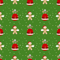 Gingerbread and Santa Claus, Christmas season, vector illustration seamless pattern, design for gift wrapping, fabric, textiles, cards, carpets, and curtains.