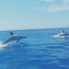 Fototapeta premium Dolphins leaping in the ocean, a vibrant blue seascape