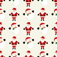 Santa Claus and Snowman, Christmas season, vector illustration seamless pattern, design for gift wrapping, fabric, textiles, cards, carpets, and curtains.