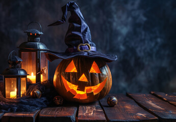 Naklejka premium Halloween pumpkin with burning light on wooden table in dark room, emitting smoke with highly detailed foliage.