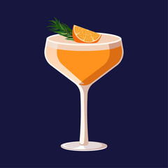 Vector illustration of orange cocktail in coupe glass. Festive drink with orange and spruce branch.