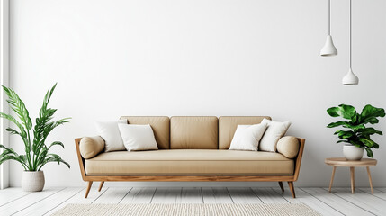 Modern minimalist living room with beige sofa, green plants, and white decor