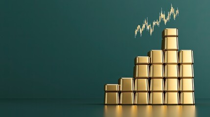 Gold price investment concept. Golden bars stacked in growth pattern with an upward trend line on a dark teal background.