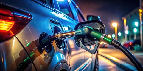 Obraz premium Low-light gas station: driver's view of fueling car/truck at night, pump's glow.