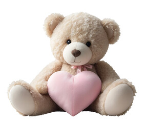 Obraz premium Beautiful adorable cute fluffy teddy bear sitting and holding pink plush heart isolated on transparent background, copy space for text, PNG file