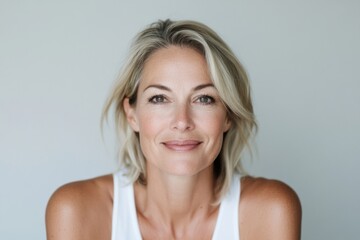 Smiling blonde woman with short hair posing on grey background