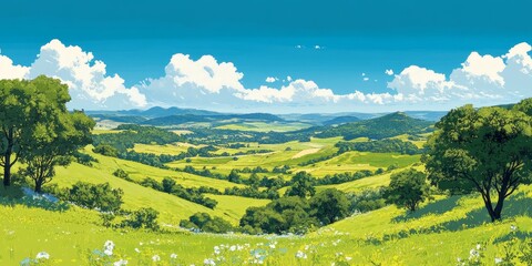 Lush Countryside Field With Blooming Flowers And Sunshine