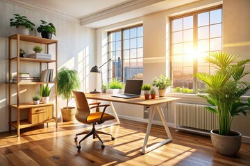 Fototapeta premium Natural light floods this clean, organized home workspace, creating a productive and aesthetically pleasing minimalist office.
