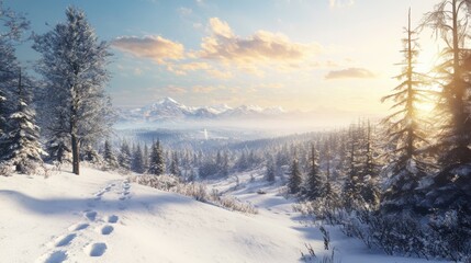 Panoramic view of a snowy landscape with a forest and mountain range in the background. Snow-covered trees dot the hillside, and a sunny sky with the sun shining through the clouds creates a peaceful 