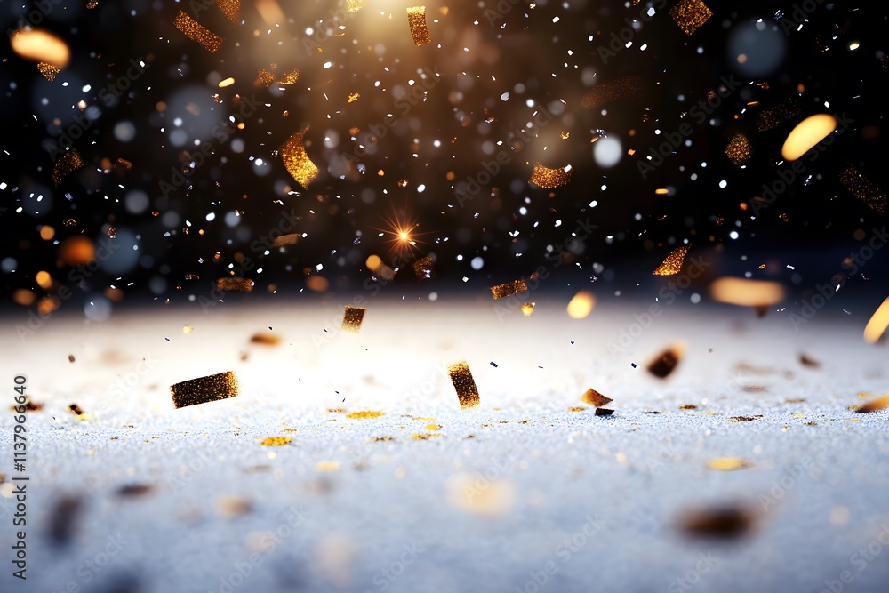 Poster a dynamic scene of floating golden particles against a dark background, creating a festive atmospher
