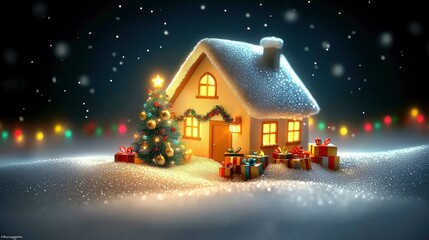 Fototapeta premium Cozy Christmas Cottage Festive Winter Night Scene