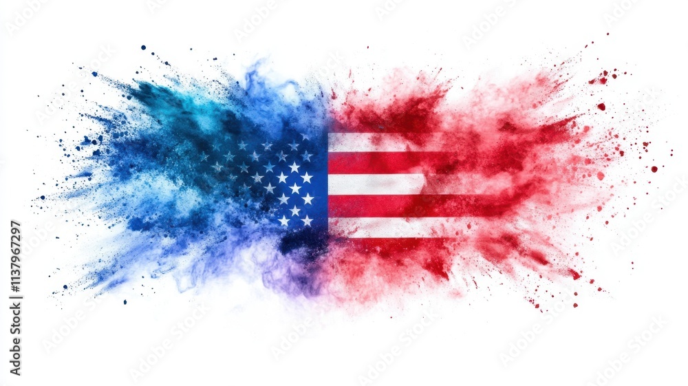 Poster american flag usa exploding into colorful powder creating an abstract image on white background the 