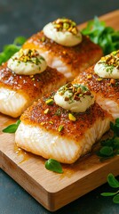 Delicious grilled salmon fillets with creamy topping on wooden board.