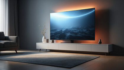 Large 3D TV screen in modern living room with ambient lighting