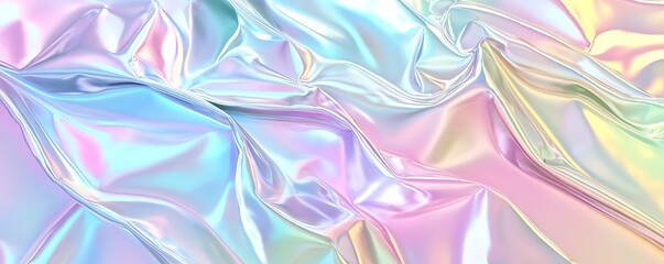 A vivid holographic foil texture in pastel rainbow shades over an abstract shimmering backdrop