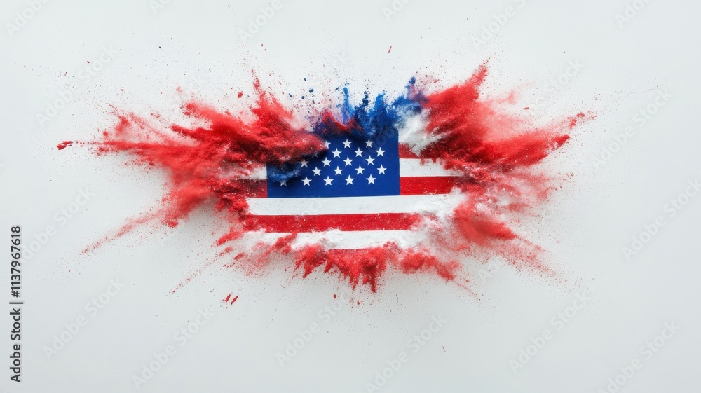 Poster american flag usa exploding into colorful powder creating an abstract image on white background the 