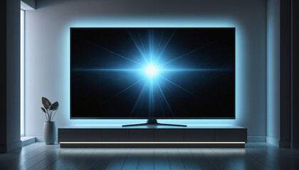 Fototapeta premium Large 3D TV screen with glowing blue starburst in modern living room