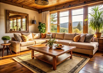 Rustic beige sectional anchors a cozy farmhouse living room design.
