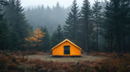 Solitary Yellow Tent in Misty Forest Clearing