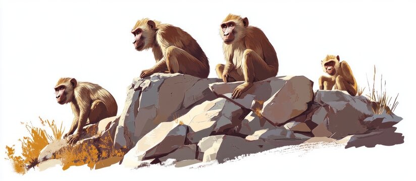 Four baboons sitting on rocks, one small.