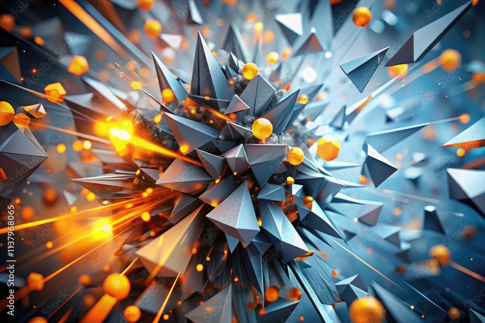 Poster sharp, fragmented digital art: an explosion of orange and grey geometric forms with bokeh effects.