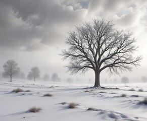 Abstract winter tree with snow-covered ground and a soft gray sky, soft gray sky, winter wonderland scene, abstract winter tree with snow-covered ground and a soft gray sky