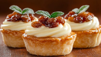 Delicious mini tarts with cream and fruit topping on a wooden surface