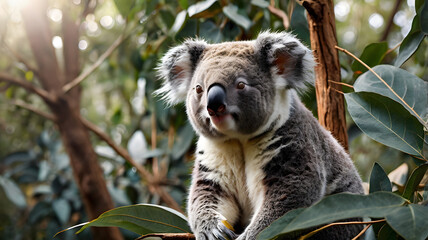 Fototapeta premium Koala in the Eucalyptus: A close-up view of a koala perched amidst the lush foliage of a eucalyptus tree, capturing the charm and tranquility of this iconic Australian marsupial. 