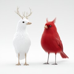 Obraz premium Fluffy White Bird with Antlers and Red Cardinal Bird