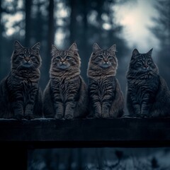 Obraz premium Four Majestic Cats Posing on a Wooden Fence in a Forest