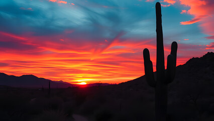 A factory silhouetted against an orange sunrise with smoke rising into the sky over a desert landscape