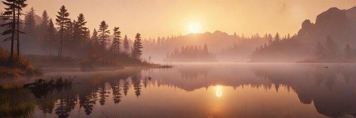 Golden hues of sunset fade into a misty lake at dawn, landscape, nature, serenity