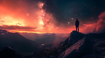 Fototapeta premium A man stands on a mountain top at night, looking out at the stars