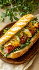 Delicious sandwich with sausage, cheese, and fresh vegetables on a wooden plate.