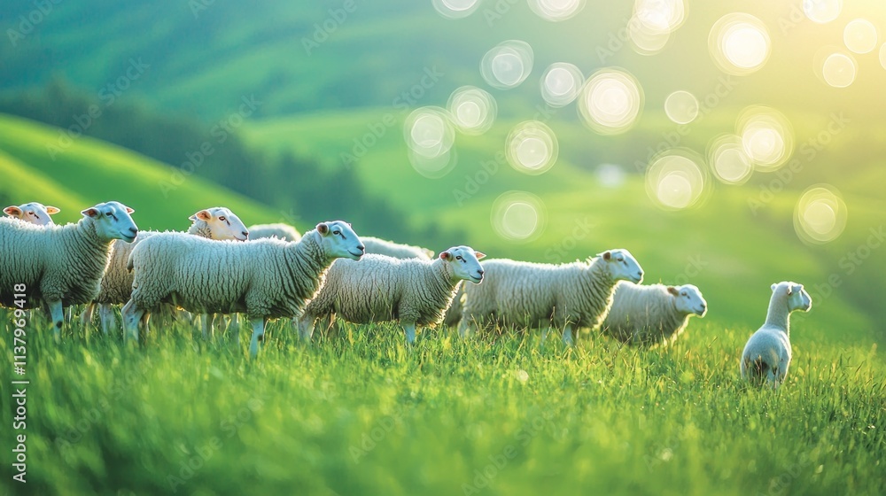 Poster A herd of sheep are walking in a field with a lone sheep in the middle