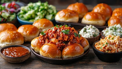 Delicious spread of bread rolls and various flavorful dishes on a rustic wooden table.